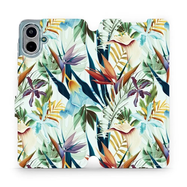 Husa flip Mobiwear pentru Samsung Galaxy A07, design floral, rezistenta la socuri si zgarieturi, verde