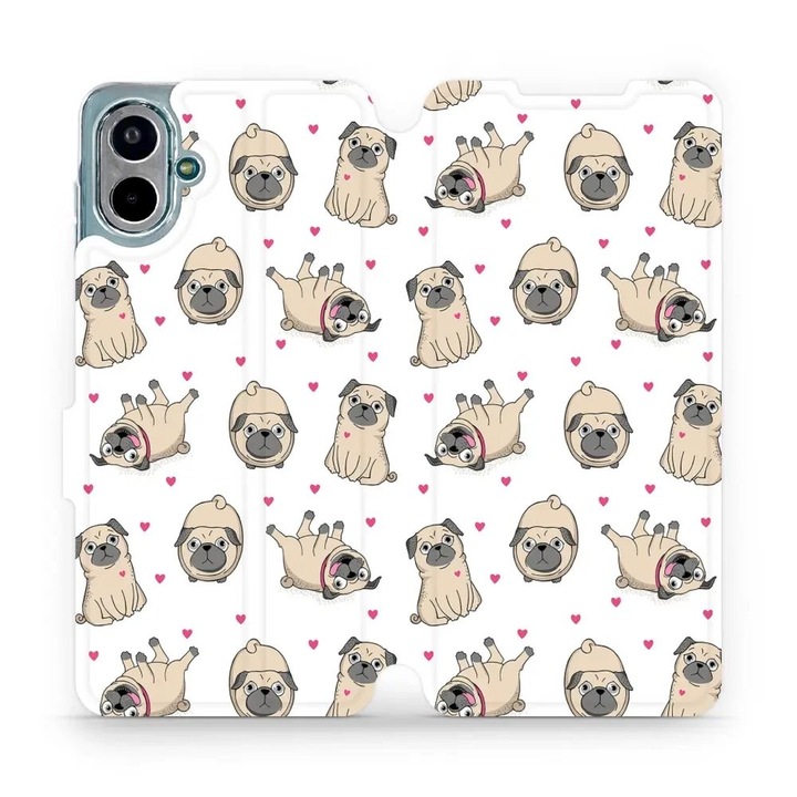 Husa flip Mobiwear pentru Samsung Galaxy A07, design cu caini, culoare alba, material din piele ecologica