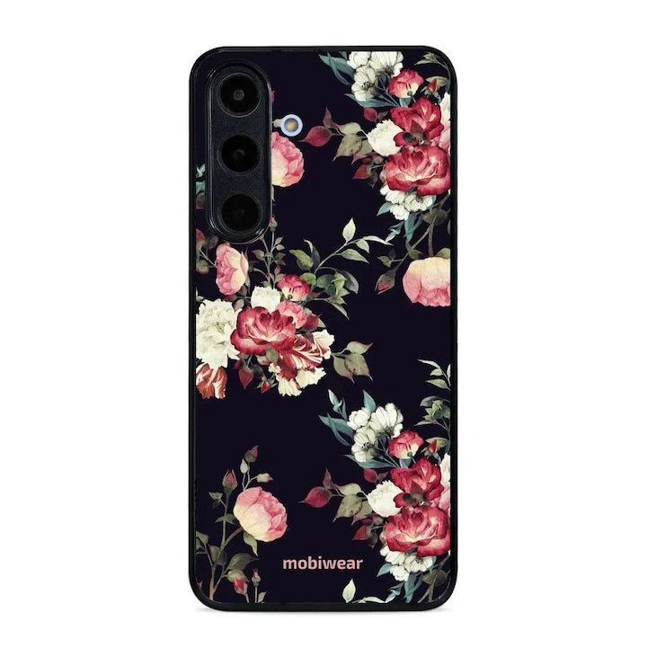 Husa telefon Mobiwear, compatibila cu Samsung Galaxy S25 FE, design flori pe fundal negru, plastic si TPU