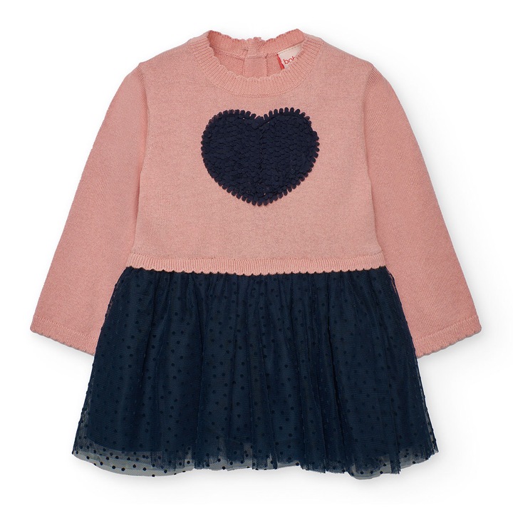 Rochie tricot fette, broderie in forma de inima, fusta tulle navy, roz, 18 luni, 86 cm, brand Boboli