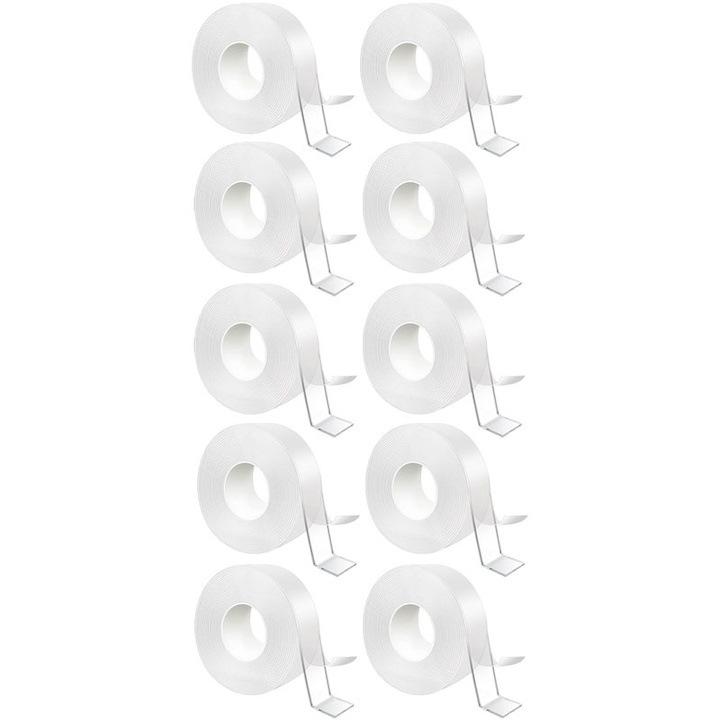 Комплект от 10 двойно залепващи прозрачни ленти, 5 метра, силиконови, водоустойчиви