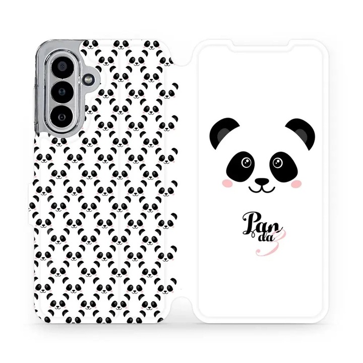 Mobiwear flip tok Samsung Galaxy A17 / A17 5G készülékhez, panda design, ütés- és karcálló, fehér