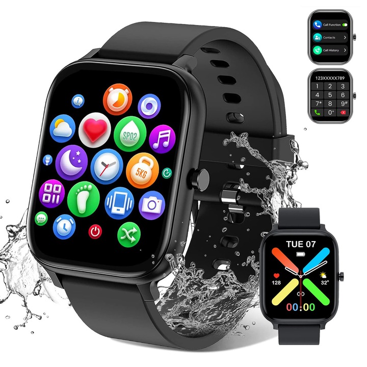 Смарт часовник PRESOMA, 1.83" екран, Bluetooth разговори, Мониторинг на здравето, Водоустойчив IP68, Черен