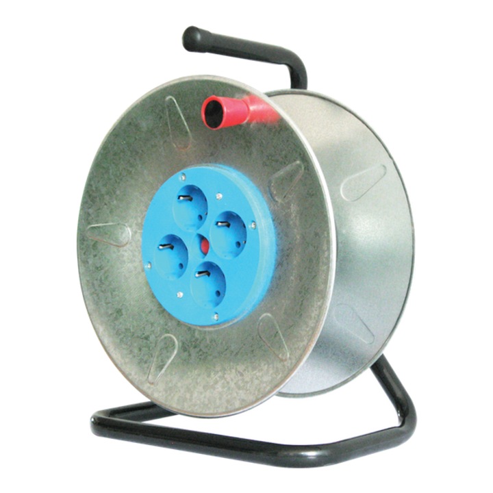Tambur derulator, metalic, cu 4 prize schuko, fara cablu, pentru maxim 50m cablu 3x1.5