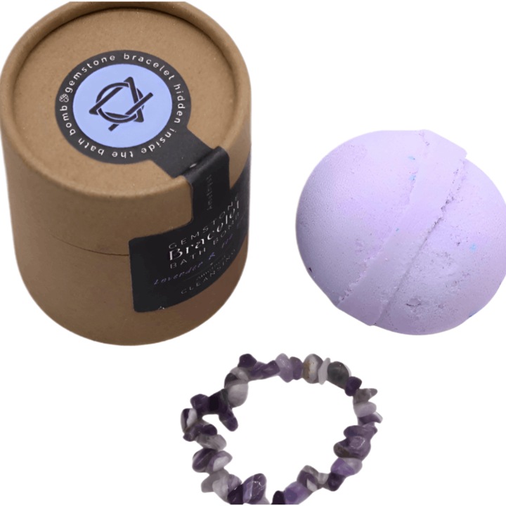 Bomba de baie Lavanda si Teea Tree, Inclusa bratara din Piatra Semipretioasa Naturala Ametist – relaxare profunda, claritate mentala si echilibru interior – cadoul perfect pentru rasfat si armonie, complet de relaxare si echilibru