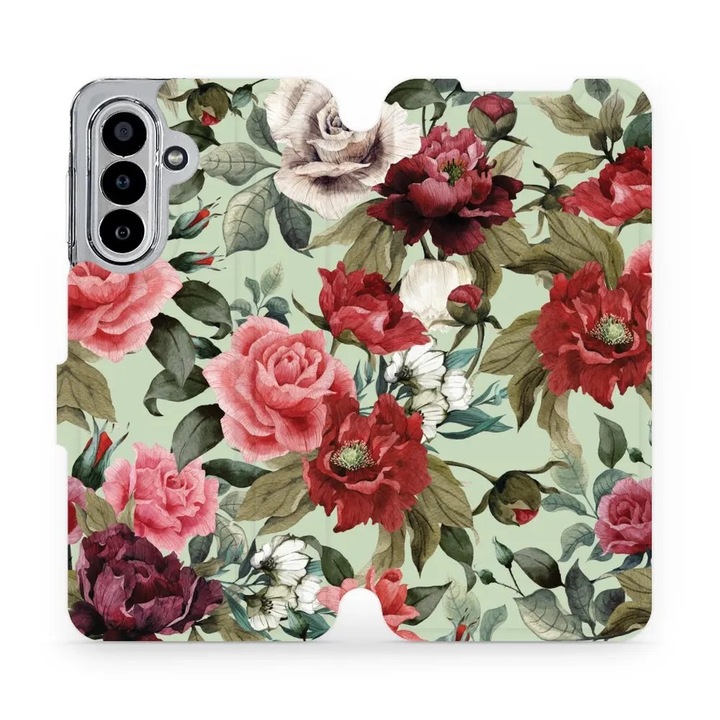 Mobiwear flip tok Samsung Galaxy A17 / A17 5G telefonhoz, virágmintás zöld alapon, környezetbarát anyagból, 1 db tok