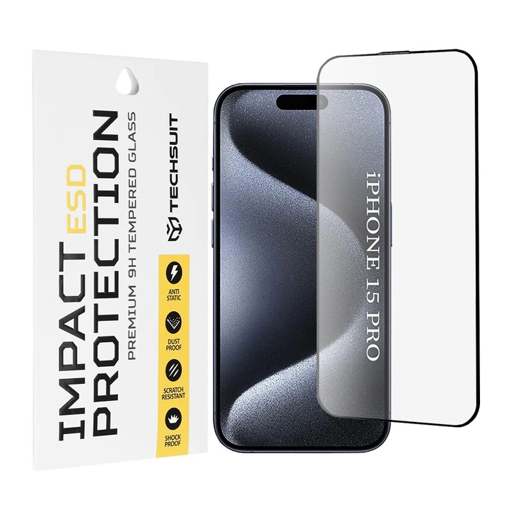 Folie pentru iPhone 15 Pro, SKYDDAR INNOVATION, ESD Glass Anti Static, Ultra HD, set cu sticker, Transparent