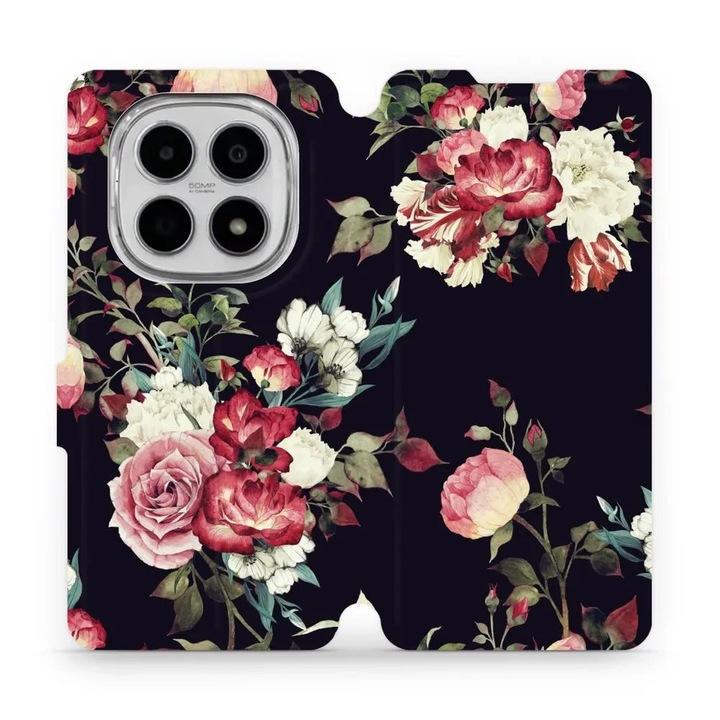 Husa flip Mobiwear pentru Xiaomi Redmi Note 15 5G, design flori, neagra, set de protectie completa