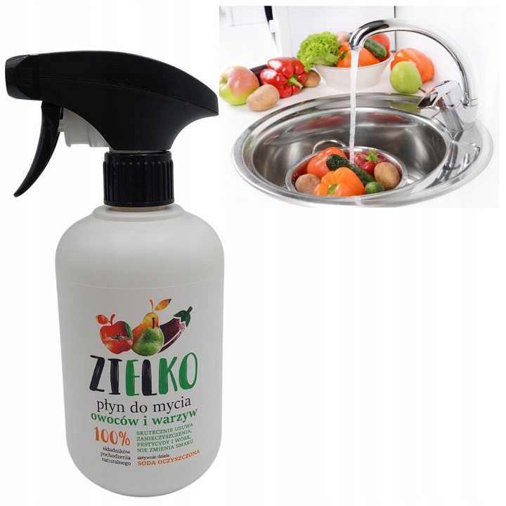 Solutie de curatare pentru fructe si legume, Zielko, 500 ml, indeparteaza murdaria, pesticidele, ceara, formula naturala, compozitie biodegradabila, vegan, parfum de lamaie, sticla