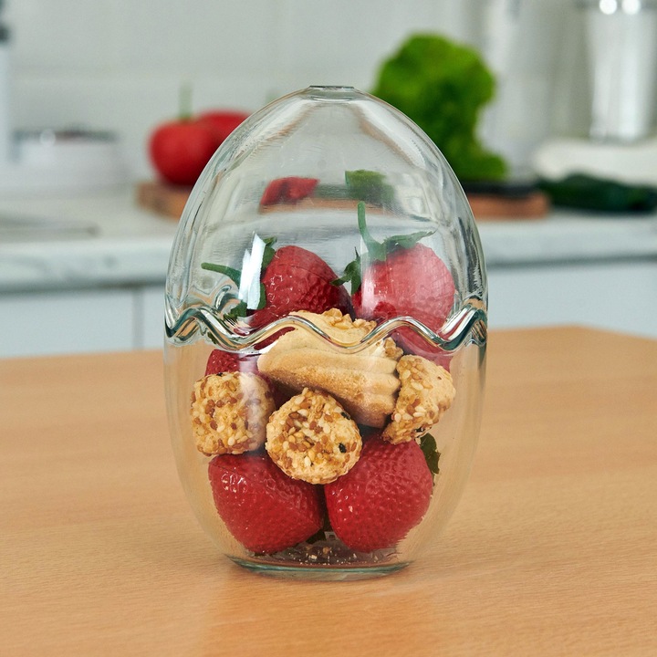 Стъклена купа с форма на яйце с капак – 10×10×15 см Декоративен стъклен съд за десерти и декорация