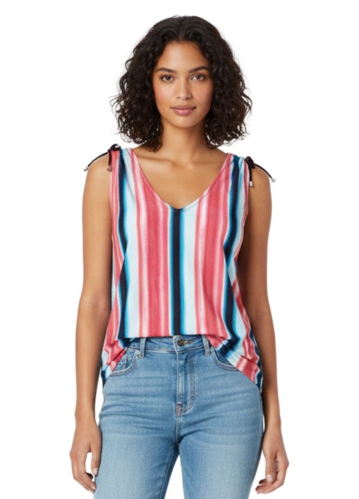 Дамски топ Comma, на райета, с декоративни връзки, многоцветен, полиестер-еластан, 2XL INTL