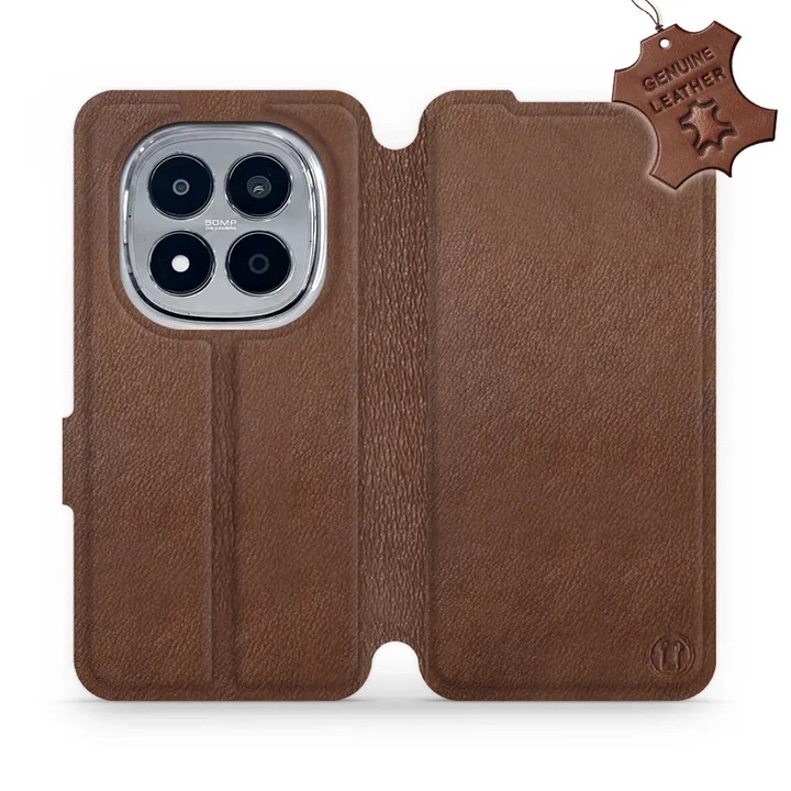 Естествен кожен флип калъф за Xiaomi Redmi Note 15 Pro Plus 5G, кафяв, със стойка и магнитно закопчаване