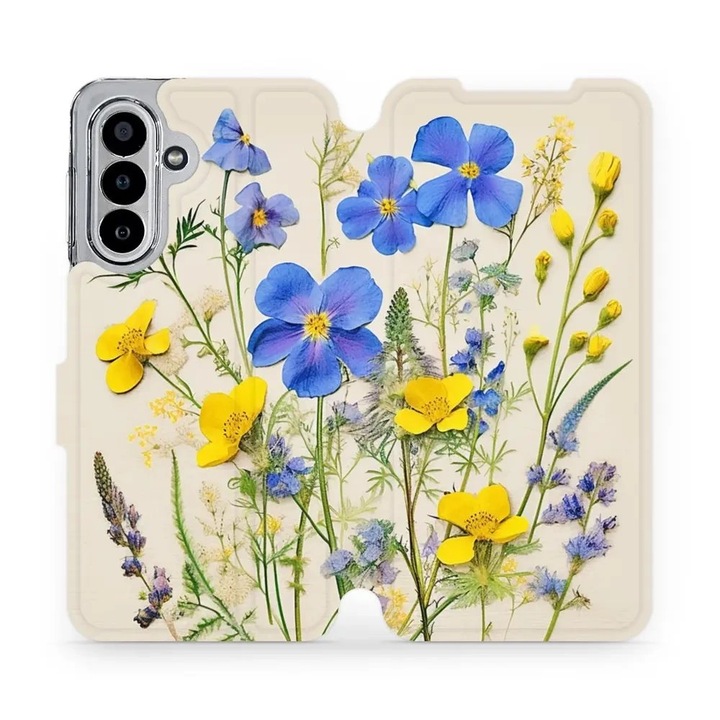 Mobiwear flip tok Samsung Galaxy A17 / A17 5G telefonhoz, virágmintás, kék, ökobőr anyagból