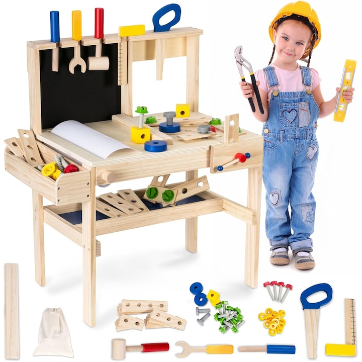 Set atelier lemn pentru copii, 56,5x35x63,5cm, cu unelte si accesorii