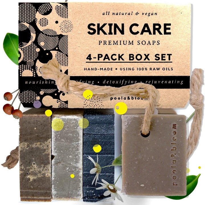 Set de sapunuri vegane naturale cu carbune activ, 4 bucati, POOLA & BLOOM, curatare profunda, ingrijire delicata