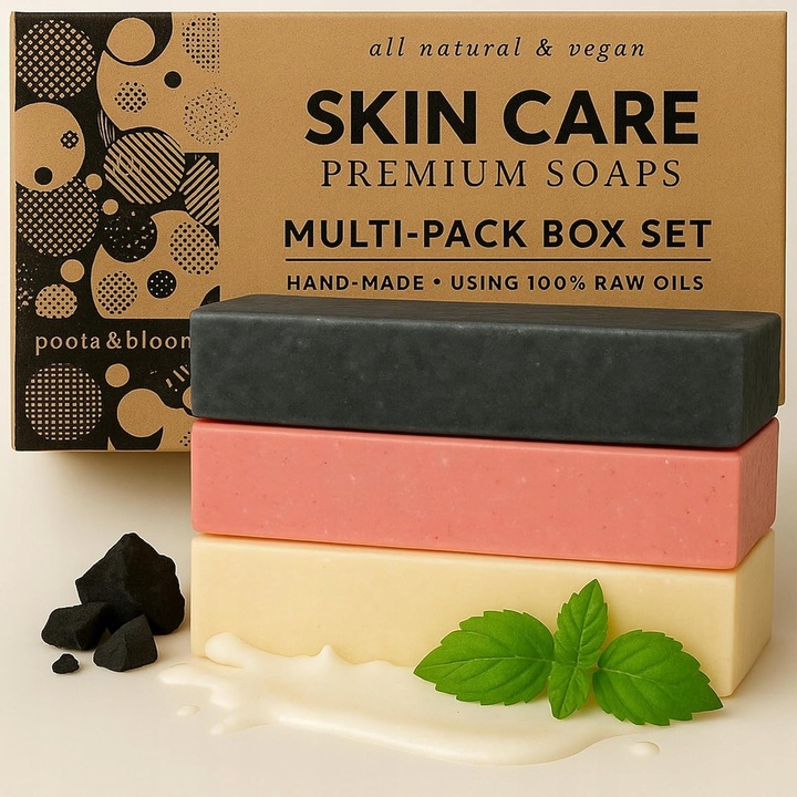 Set 3 sapunuri naturale cu lapte de capra, 175g fiecare, cu ulei de cocos, ulei de masline, carbune activ, pentru curatare si hidratare.