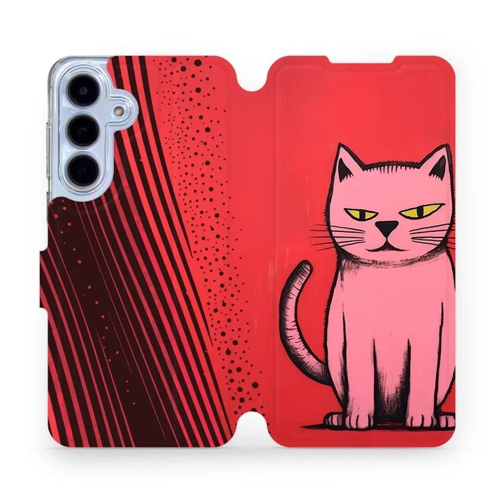 Mobiwear flip tok Samsung Galaxy S25 FE-hez, piros, macskás design, ökológiai anyag