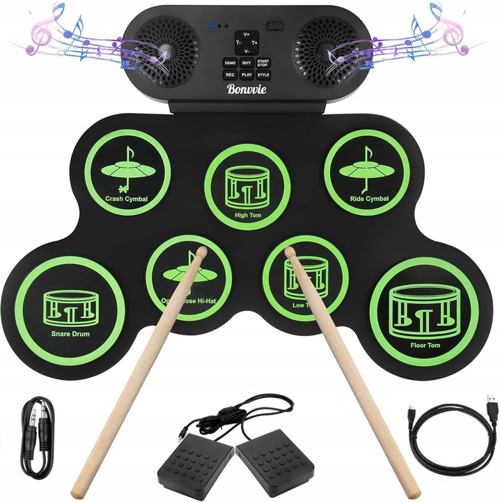 Set de percutie electronica cu 7 pad-uri, 2 difuzoare, Bluetooth, acumulator 1200 mAh