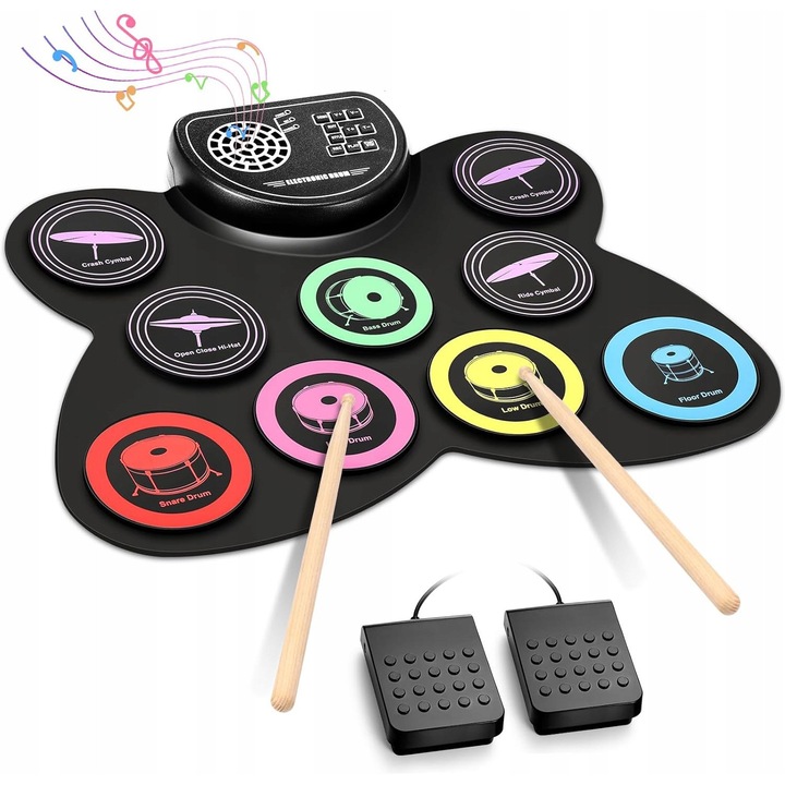Set percutie electronica pentru copii, 9 paduri, Bluetooth, 2 difuzoare stereo, 3-10 ani