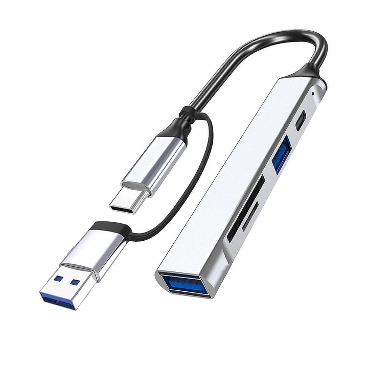 5 portos USB C hub, adatadapter, ezüst, 18x1.7x0.7cm