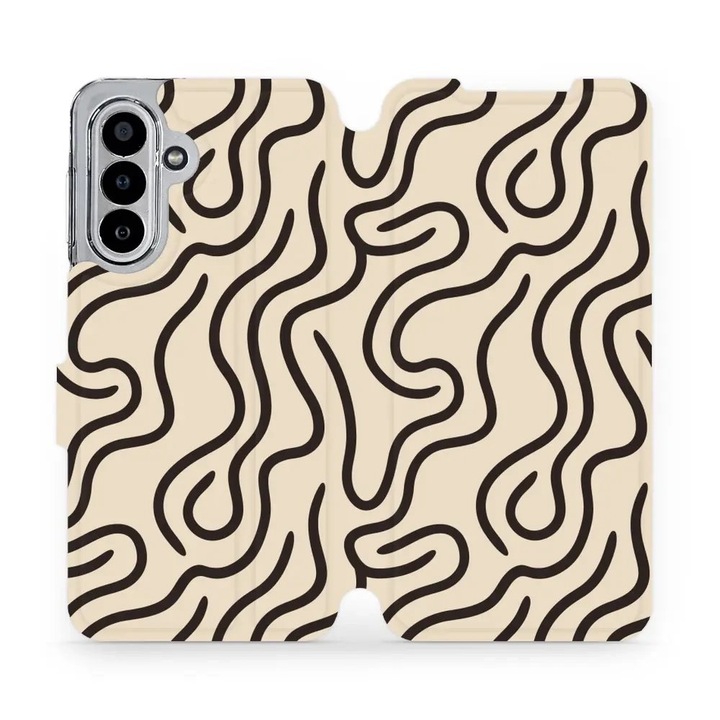 Mobiwear flip tok Samsung Galaxy A17 / A17 5G telefonhoz, elegáns design, bézs színű, műbőr anyag, TPU