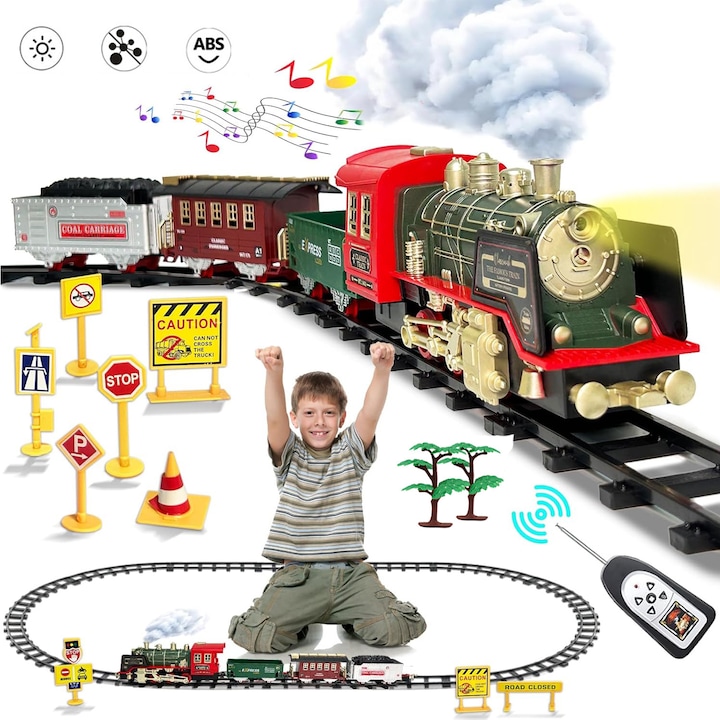 Влак Bedee RetroSteamTrain, Електрически, Парен, комплект 12 части, звуци и светлини, многоцветен