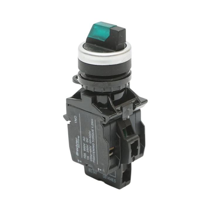 Buton selector iluminat 220V AC LED verde cu 2 pozitii 1NO+1NC, 10A/600V AC, 1A/250V DC LA42 Breckner Germany