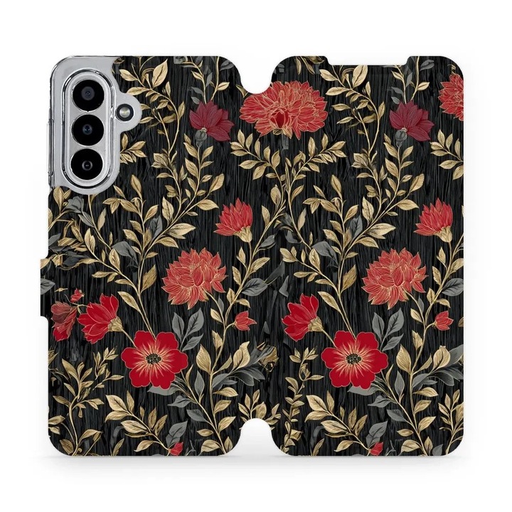 Husa flip Mobiwear pentru Samsung Galaxy A17 / A17 5G, design floral, rosie, material din piele ecologica