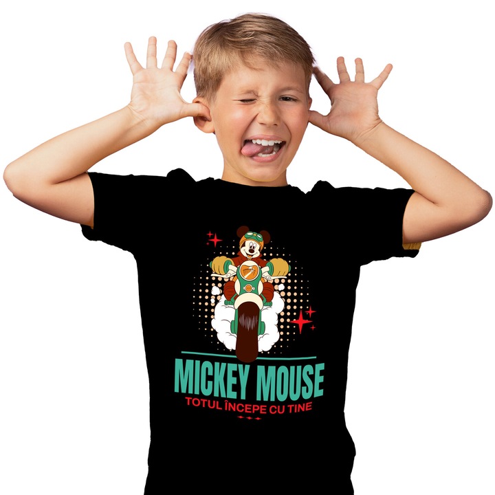 Tricou Copii cu Mickey si calatoria pe motor 100% Bumbac, Negru, Negru