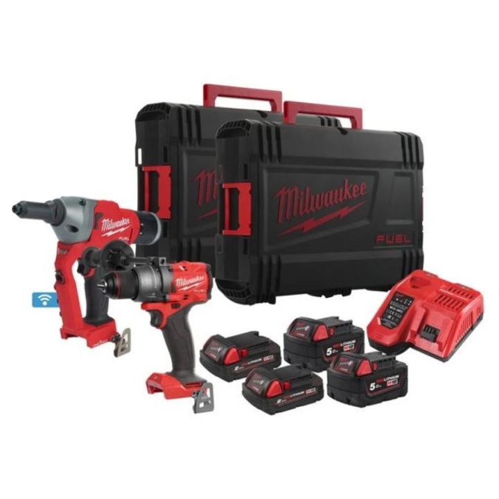 Set scule electrice Milwaukee, burghiu-scu surubelnita, 4 baterii, 9 piese