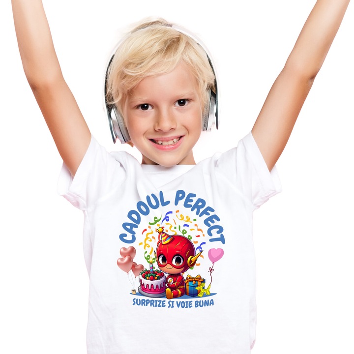 Tricou Copii cu Bucurie si Cadou The Flash pentru Ziua Ta 100% Bumbac, Alb, 8 Ani