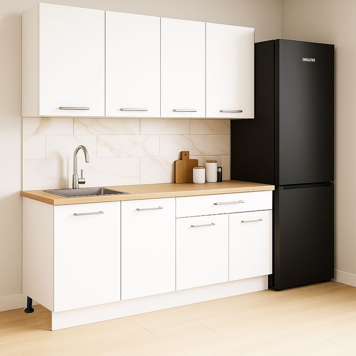 Set mobilier bucatarie cu soft-close, BadenMob Germania, 160cm, corpuri inalte, blat gros, corp cu sertar, Alb