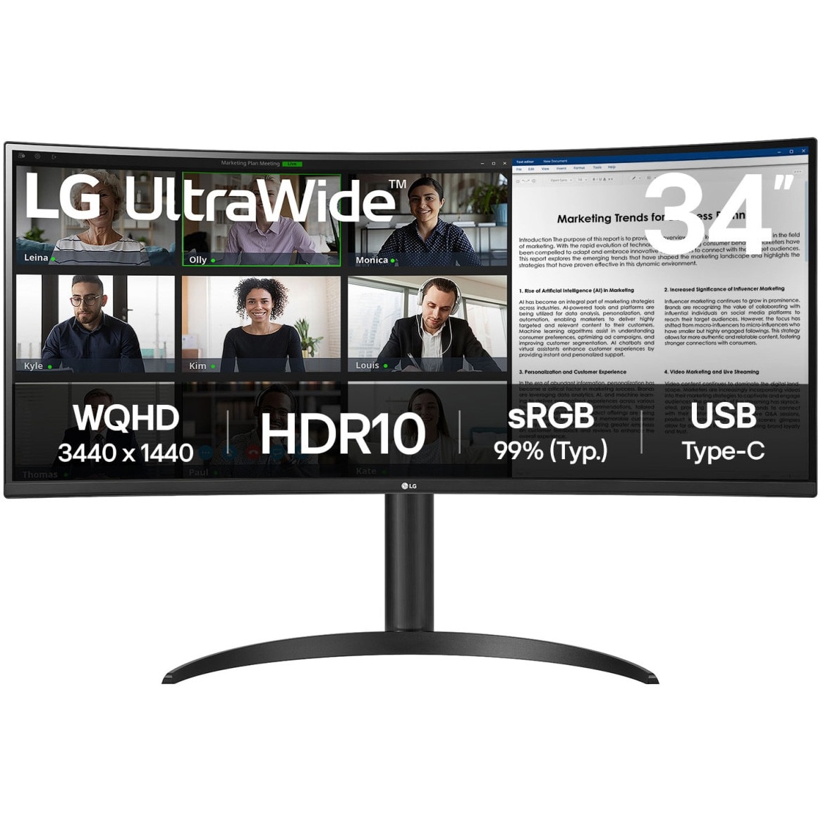 Monitor LG curbat, 34'', 100Hz, 5ms, Wide QHD 3440x1440px, USB hub, Black