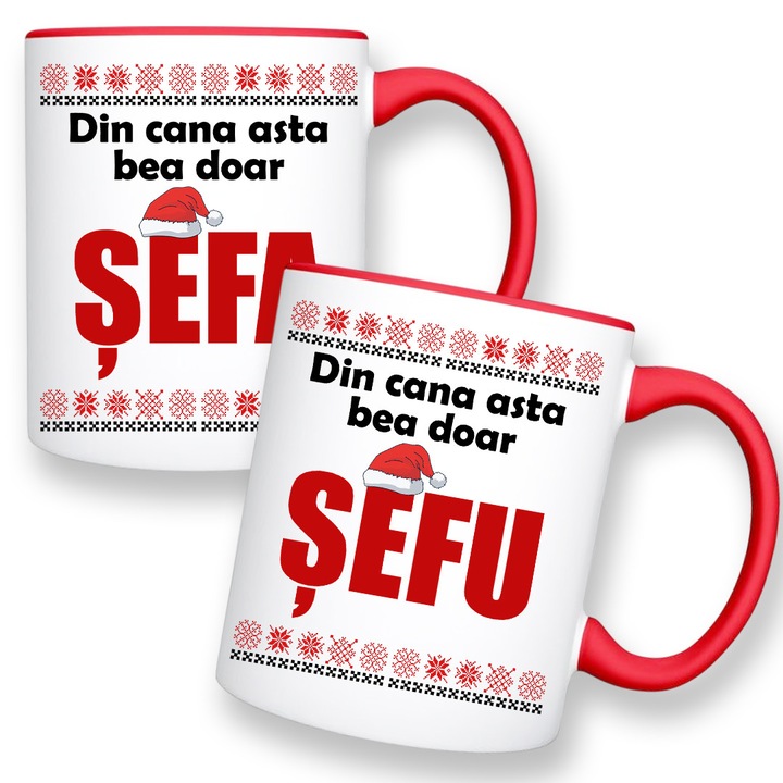 Set 2 cani cu mesaj:"Din cana asta bea doar sef/sefa", Craciun, Model traditional, Betaprint, alba cu interior rosu, 330ml