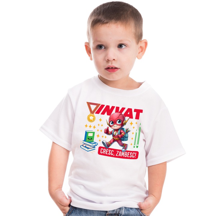 Tricou Copii cu Cu Flash, Cresc si Invat Din Carti 100% Bumbac, Alb, 4 Ani