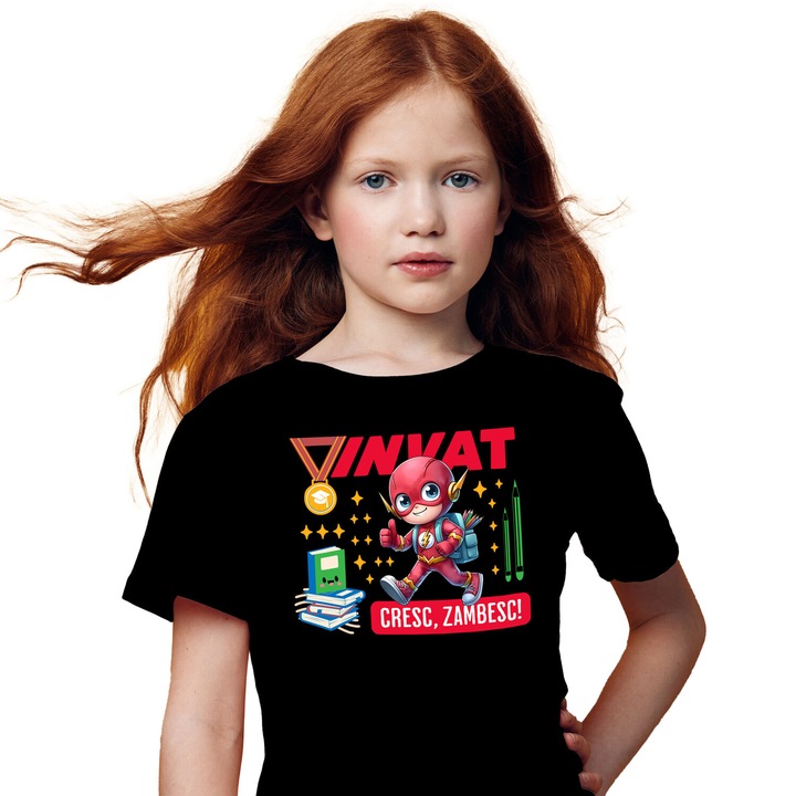 Tricou Copii cu Cu Flash, Cresc si Invat Din Carti 100% Bumbac, Negru, 10 Ani