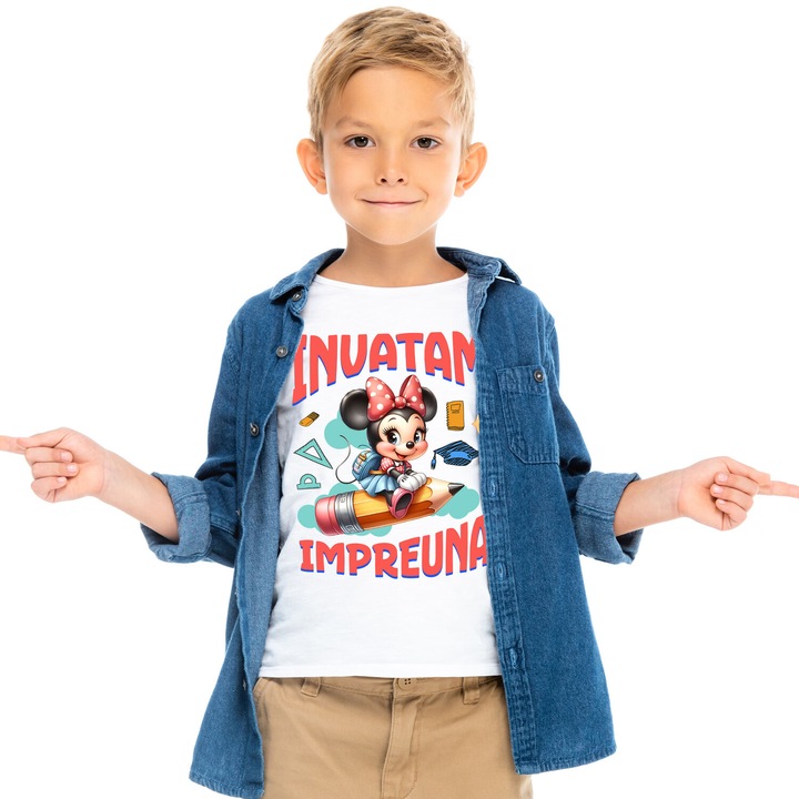 Tricou Copii cu Minnie Mouse – Invatatura Cu Stil,Impreuna Cu Prietenii 100% Bumbac, Alb