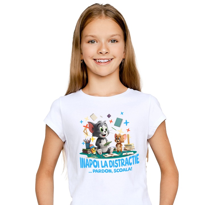Tricou Copii cu Tom and Jerry – Prieteni, Zambet Si Scoala 100% Bumbac, Alb, 10 Ani