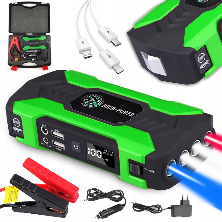 Стартер за кола YOUKUKE за бензинов/дизелов двигател, 99800mAh, 12V, 3/6L, преносима аварийна Power Bank, външна батерия, фенерче, зелен