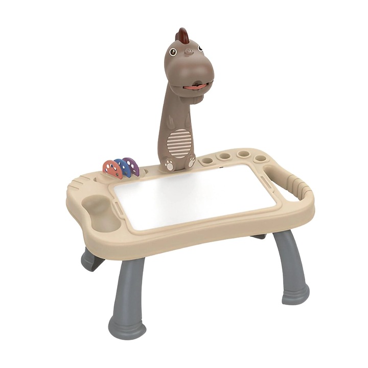 Masa interactiva de desen pentru copii cu model dinozaur, Tabla magnetica lavabila, Unghi ajustabil (plat/inclinat), Picioare demontabile, Discuri cu sabloane rotative, Markere color incluse, Durabil, Maro/Alb