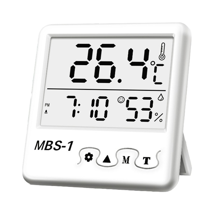 Barometru digital cu ceas, prognoză meteo, alb, 4" LCD