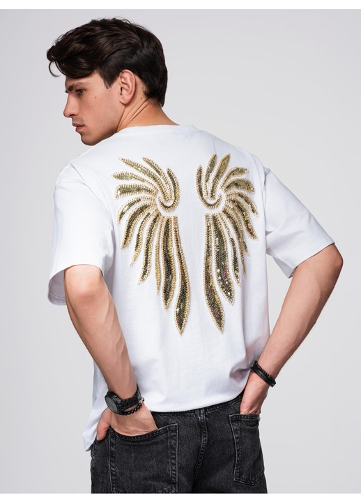 Tricou de bumbac cu motiv de aripi din monede pe spate OMBRE OM-TSCT-0289, Alb murdar