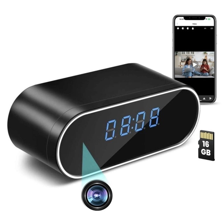 Mini Camera Ceas Birou iUni IP07, Wi-Fi, 16GB, Full HD, 160°, Vedere Nocturna, Vizualizare Live pe telefon