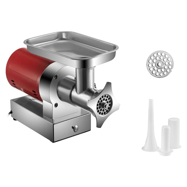 Masina de tocat carne electrica, motor 1100W, capacitate 300kg/h, constructie din otel inoxidabil, set pentru carnati, rosu