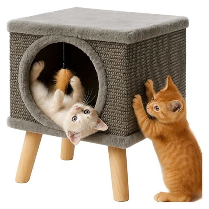 Macskaház természetes szizál kaparófával, puha belső ággyal, fa lábakkal a stabilitásért, játékkal, modern otthoni dizájnnal, játszó- és pihenőhellyel, bútorvédelemmel, kis és közepes macskáknak, 38