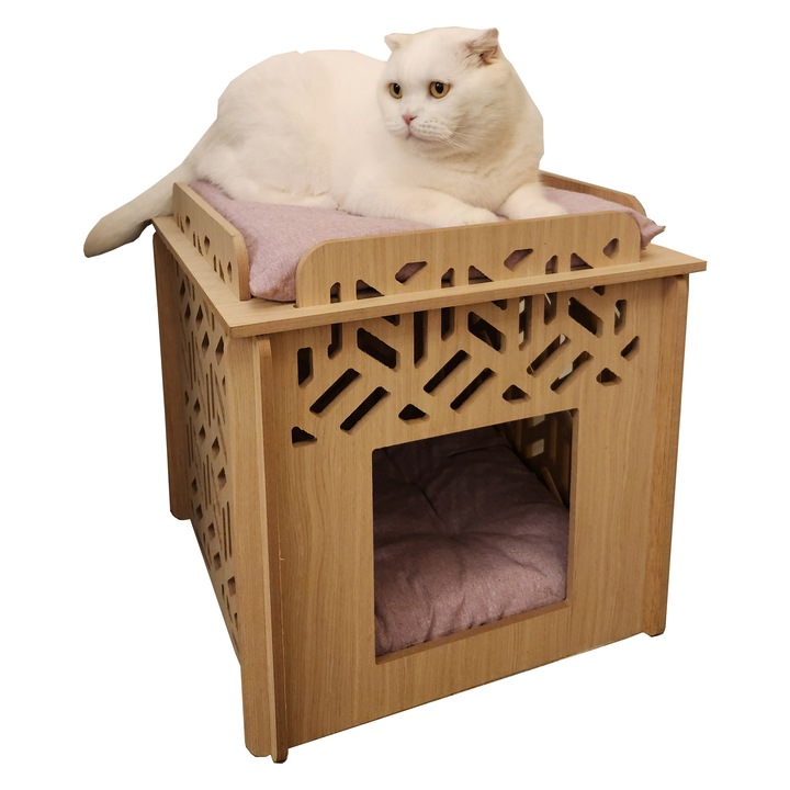 Casa pentru pisici din MDF furniruit stejar, 45x45x45 cm, 2 perne mov, design modern, realizata manual