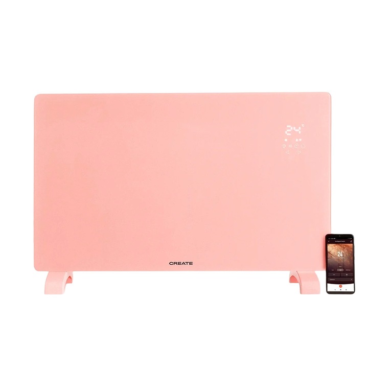 Convector electric de podea/perete CREATE, Warm Crystal, Wi-Fi integrat, control prin aplicatie, latime 78 cm, 2 trepte putere, timer 24h, temperatura reglabila, display LED, panou tactil, protectie impotriva supraincalzirii, material sticla, roz pastel