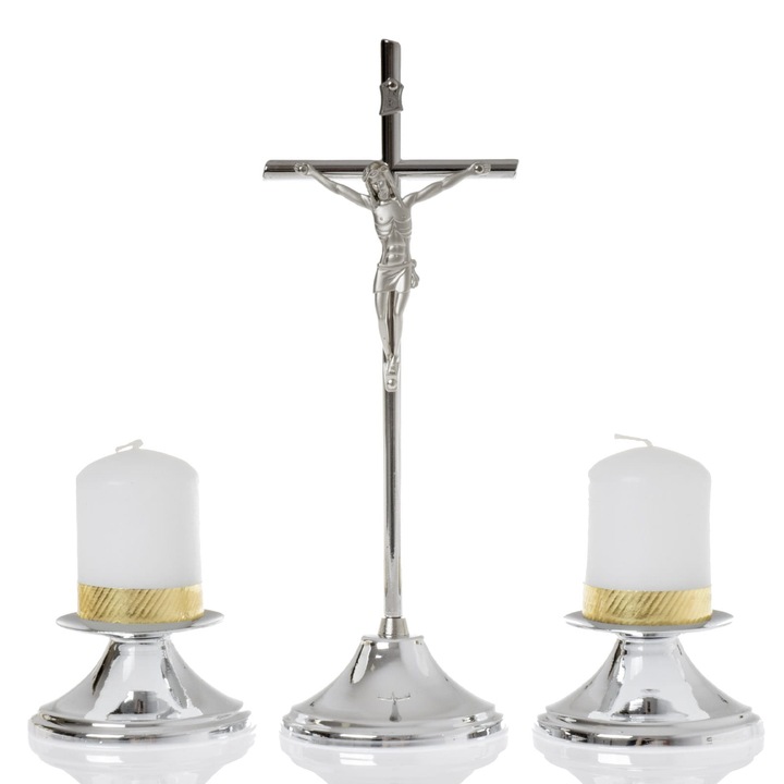 Set figurine Craciun, QUO VADIS, cruce 21cm, 2 sfesnice, argintiu