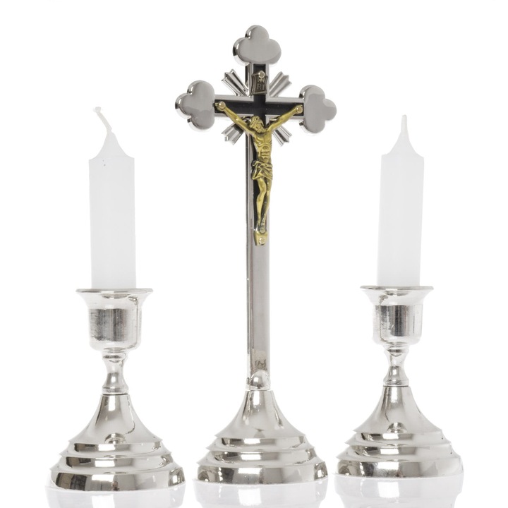 Set traditional QUO VADIS, 1 cruce 19cm, 2 sfesnice 8cm, 2 lumanari 9cm, argintiu/auriu