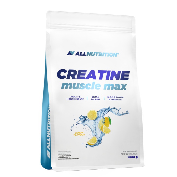 Creatina Monohidrata, ALLNUTRITION Creatine Muscle Max, 1000g, aroma de lamaie, pudra creatina, fara zahar, pentru cresterea fortei masei musculare si performanta sportiva intensa